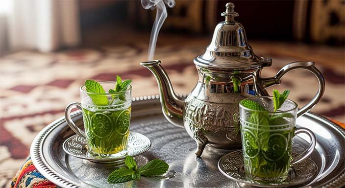 Close-up of a silver tray with a Moroccan teapot and two glass cups filled with steaming mint tea.