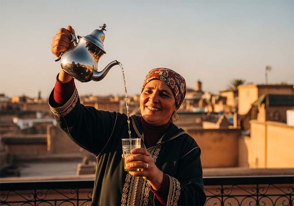 A smiling Moroccan woman pouring mint tea from a silver teapot on a scenic terrace in Meknes during sunset.