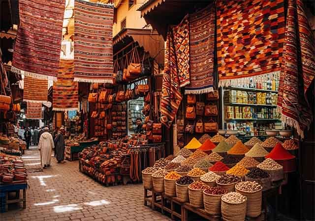 A vibrant market street in the Meknes medina, with colorful Berber carpets hanging on the walls and stalls selling handcrafted leather goods and spices.