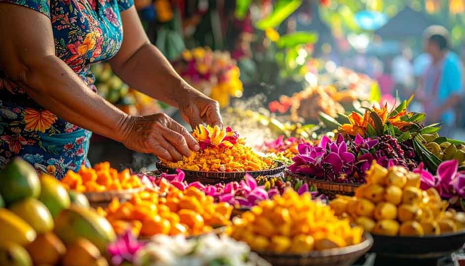 Close-up of hands preparing colorful flower offerings for a Balinese ceremony at a local market.
