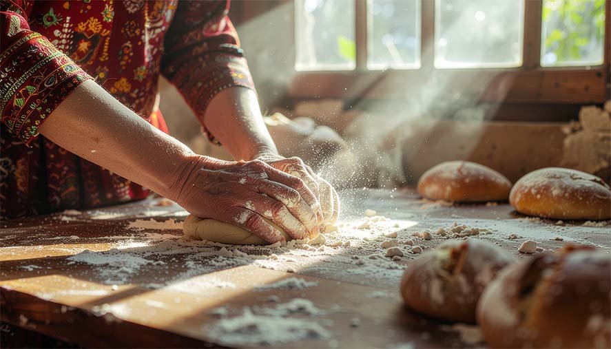 The expert hands of a Moroccan woman carefully kneading dough for khobz bread on a wooden table.