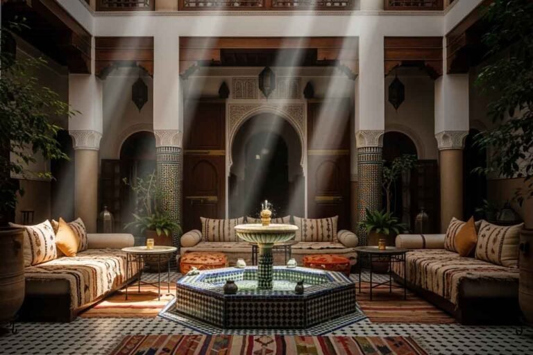 The inner courtyard of a tranquil riad in Morocco, featuring a fountain decorated with zellige mosaics and Berber carpets.